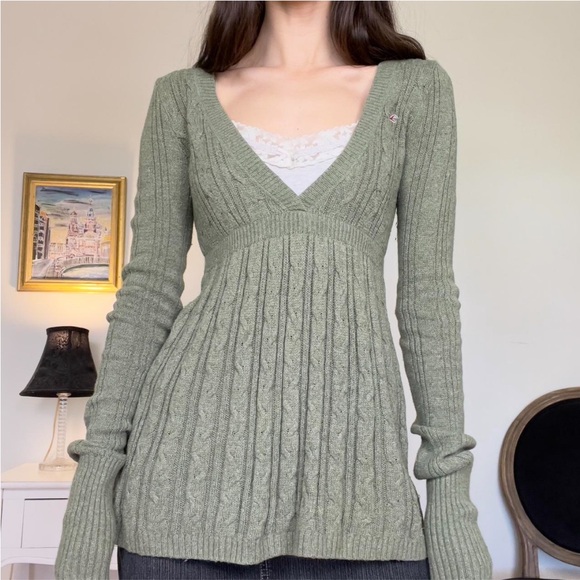 Hollister Sweaters - Vintage 2000s Rare Hollister Sage Green Cable Knit Empire Waist Babydoll Sweater